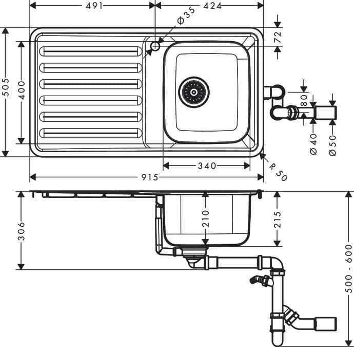 Évier de cuisine Hansgrohe encastré simple bac 34 x 40 cm avec égouttoir - vue 7
