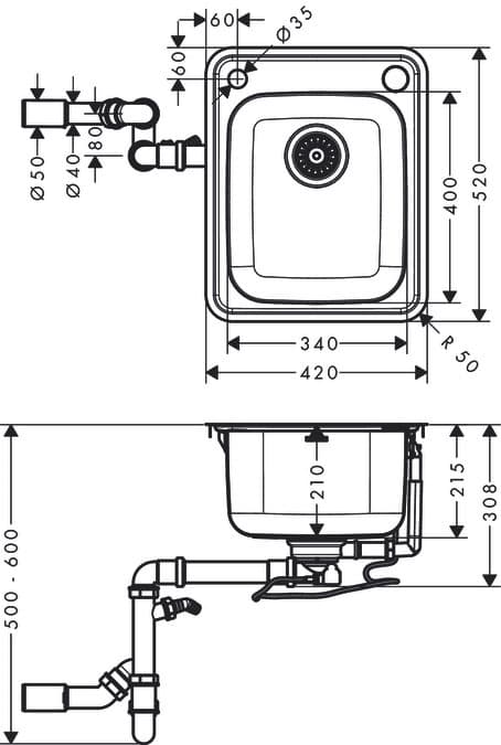 Évier de cuisine Hansgrohe encastré simple bac 34 x 40 cm en acier inoxydable brossé - vue 3