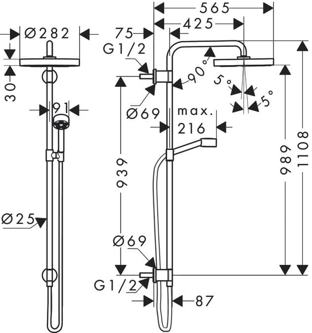 Colonne de douche AXOR One avec douche de tête 280 pour installation encastrée en blanc mat - vue 3