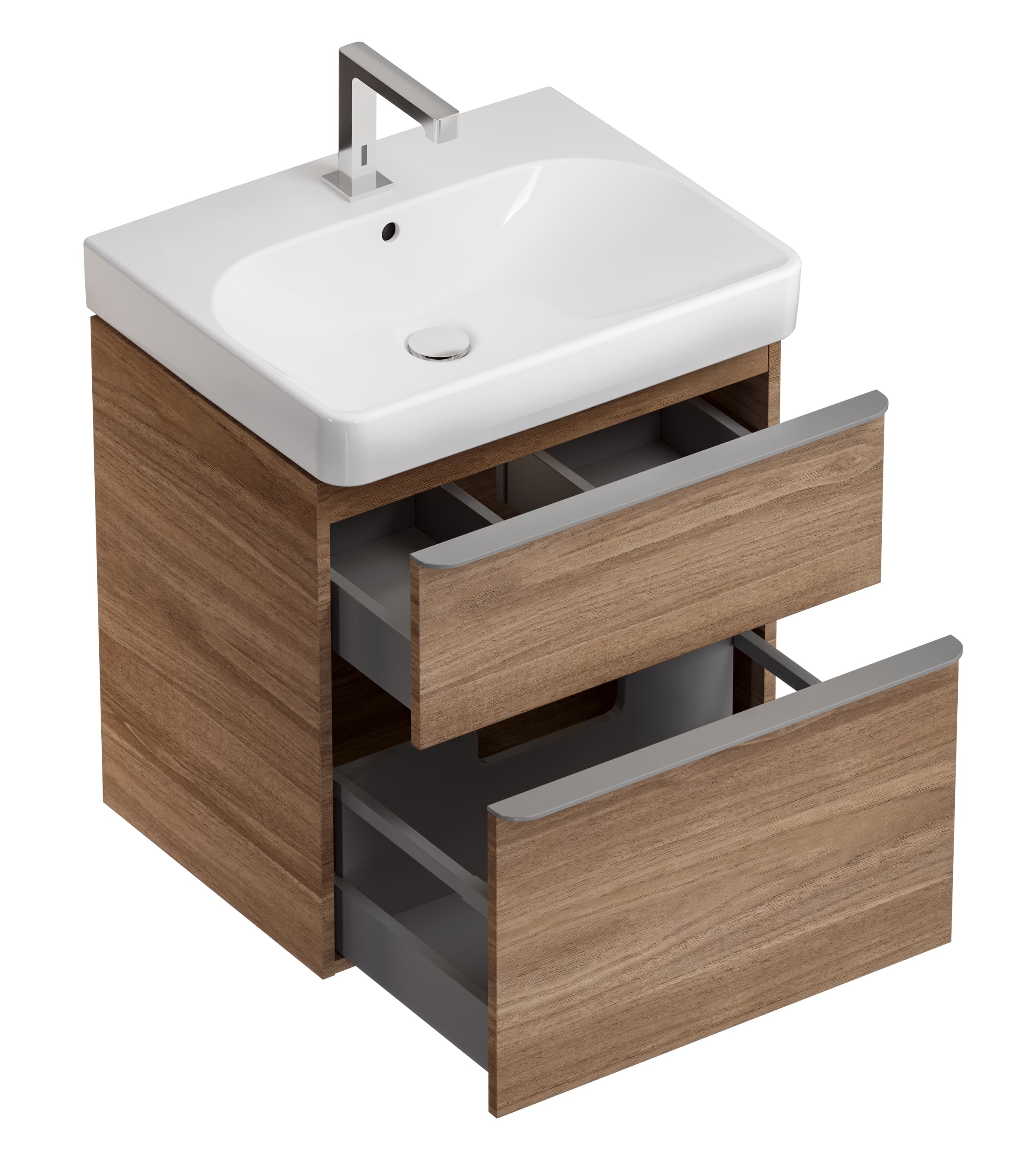Meuble bas Geberit Smyle Square pour lavabo 75 cm avec deux tiroirs en noyer Carya - vue 3