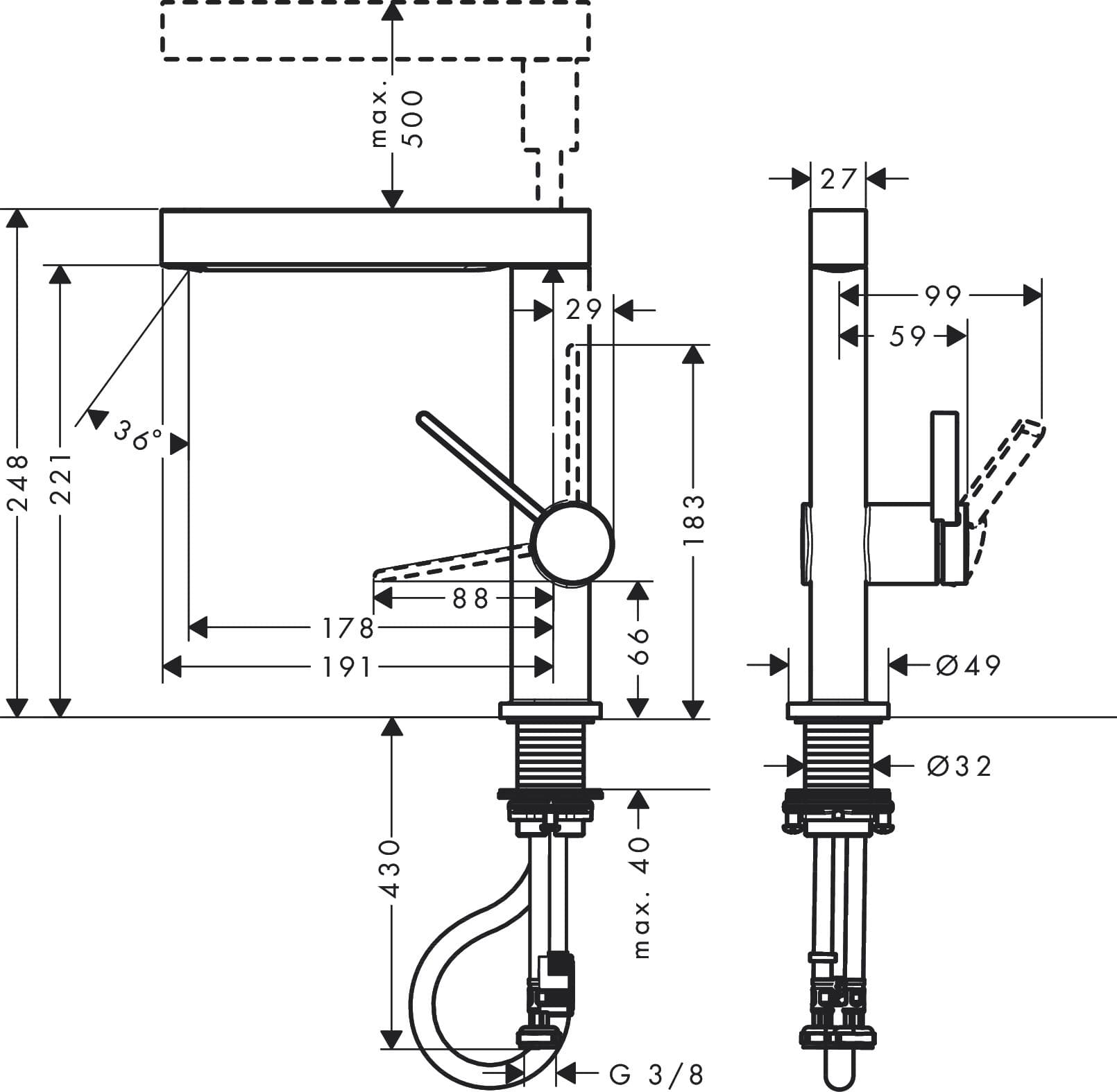 Mitigeur de lavabo Hansgrohe Finoris 230 avec douchette extractible 2 jets et bonde push-open en noir chromé brossé - vue 4