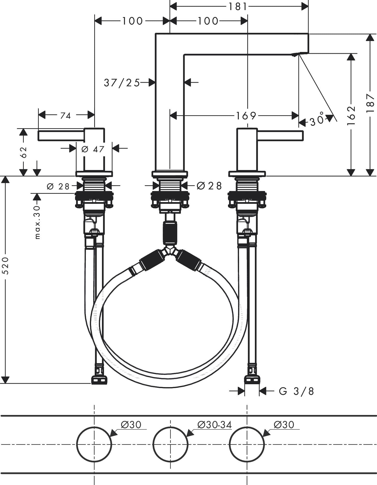 Mélangeur de lavabo 3 trous Hansgrohe Finoris 160 avec bonde push-open en noir chromé brossé - vue 4