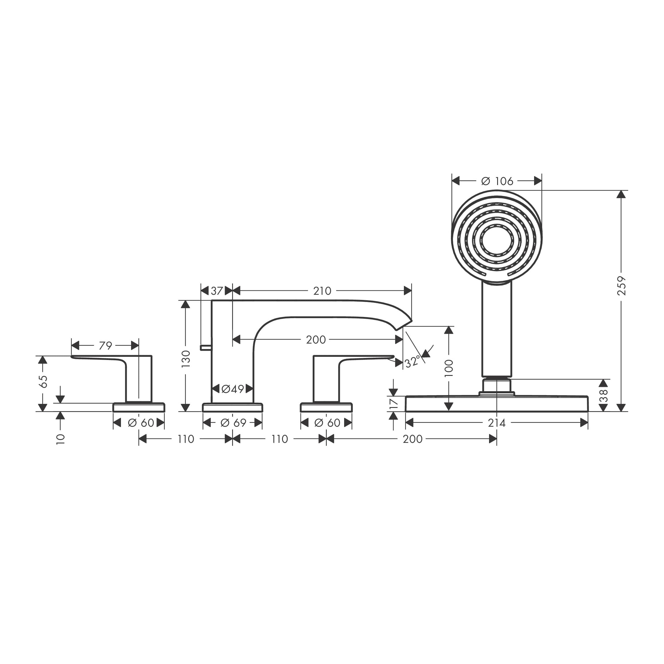 Mélangeur 4 trous pour montage sur bord de baignoire Hansgrohe Vivenis avec sBox en noir chromé brossé - vue 3