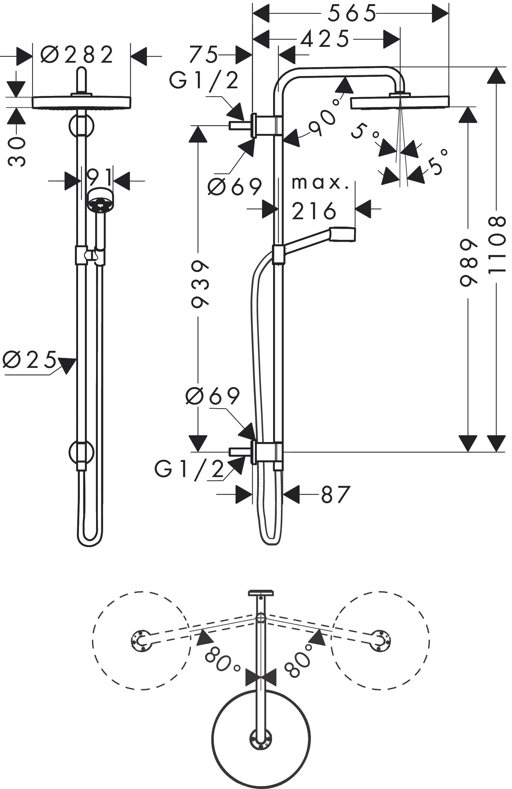 Colonne de douche AXOR One avec douche de tête 280 pour installation encastrée en noir mat - vue 5