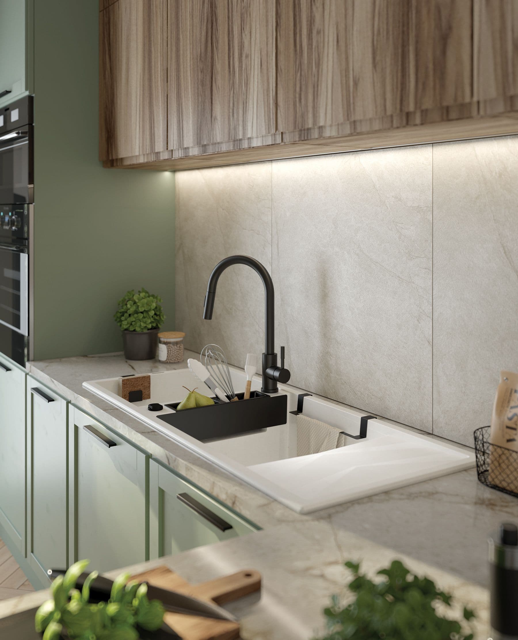 Évier de cuisine encastrable double bac granit Magnétique Deante 116 x 50 cm en blanc alabaster avec vidage télescopique gain de place - vue 4