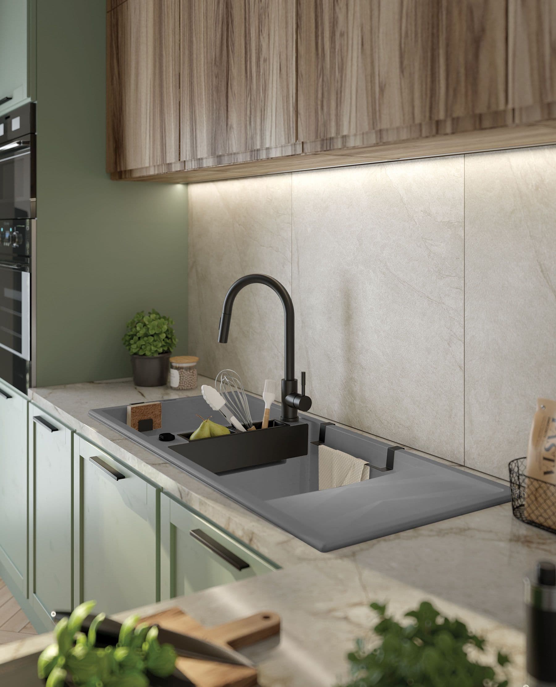 Évier de cuisine encastrable double bac granit Magnétique Deante 116 x 50 cm en gris métallisé avec vidage télescopique gain de place - vue 3