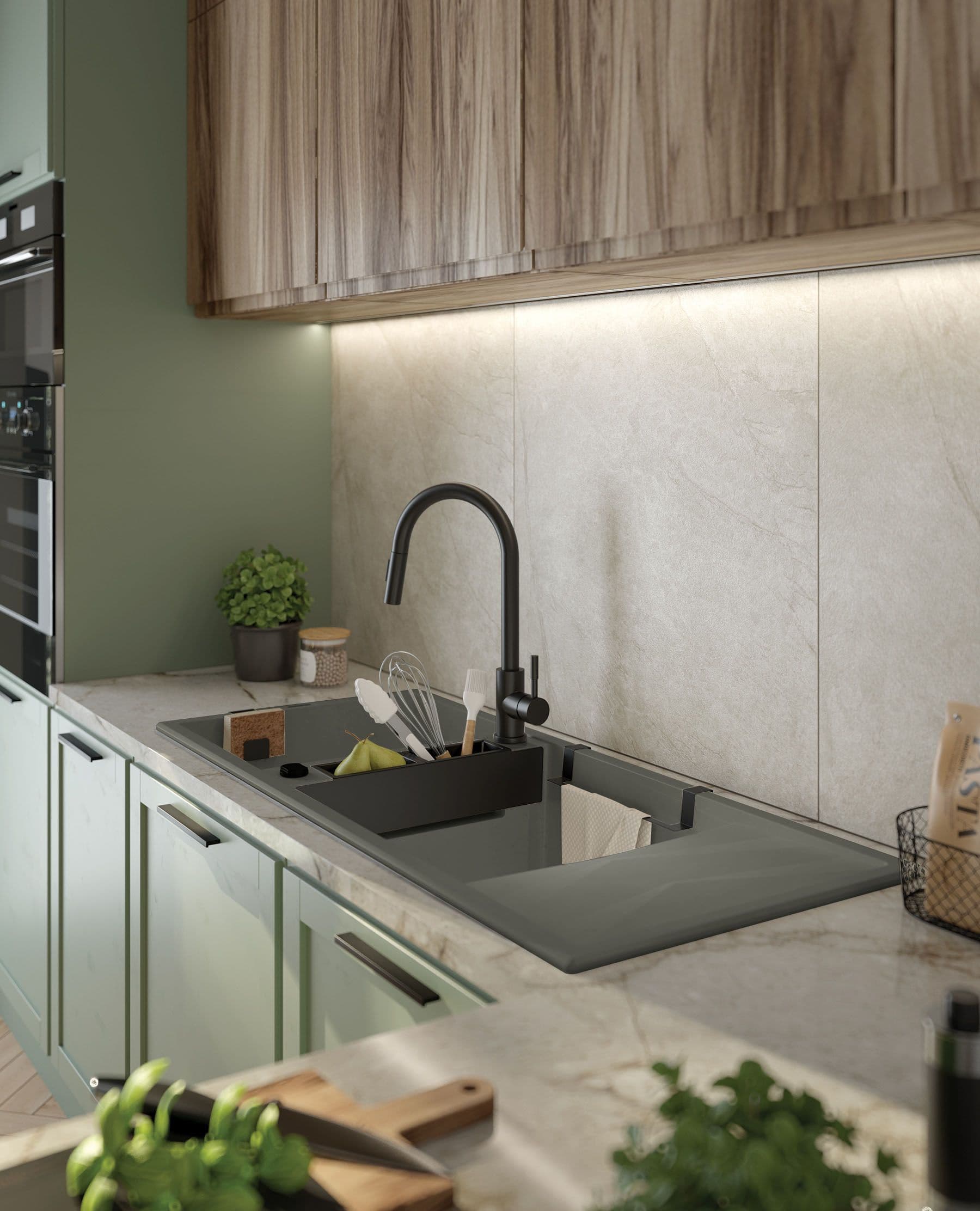 Évier de cuisine encastrable double bac granit Magnétique Deante 116 x 50 cm en anthracite métallisé avec vidage télescopique gain de place - vue 3
