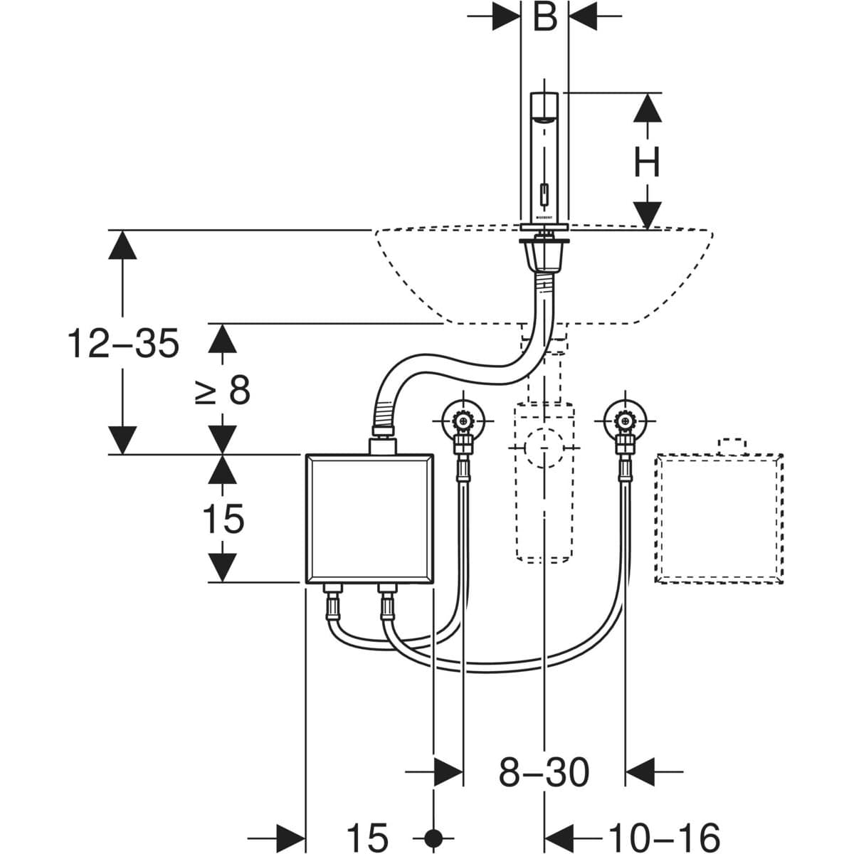 Mitigeur de lavabo Geberit Brenta, alimentation par pile, avec module fonctionnel apparent - vue 3