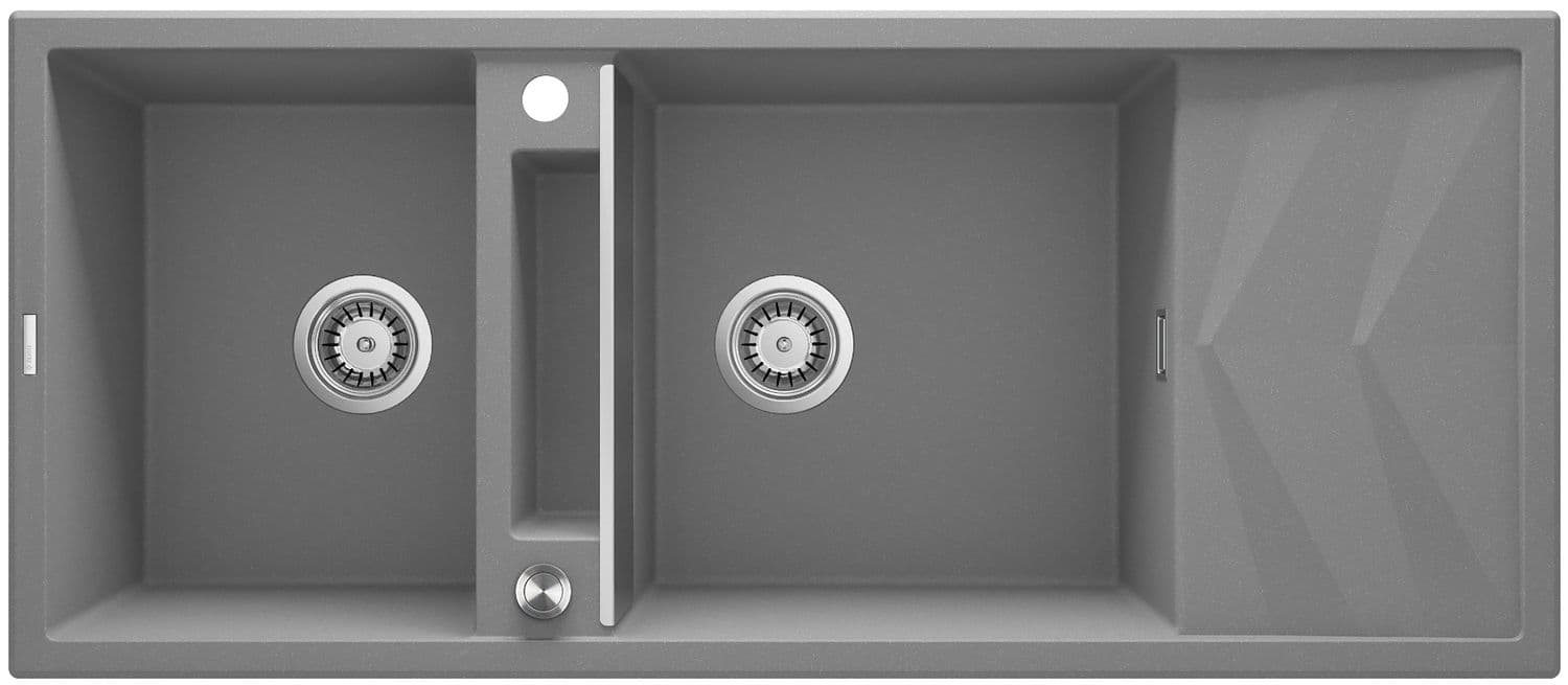 Évier de cuisine encastrable double bac granit Magnétique Deante 116 x 50 cm en gris métallisé avec vidage télescopique gain de place
