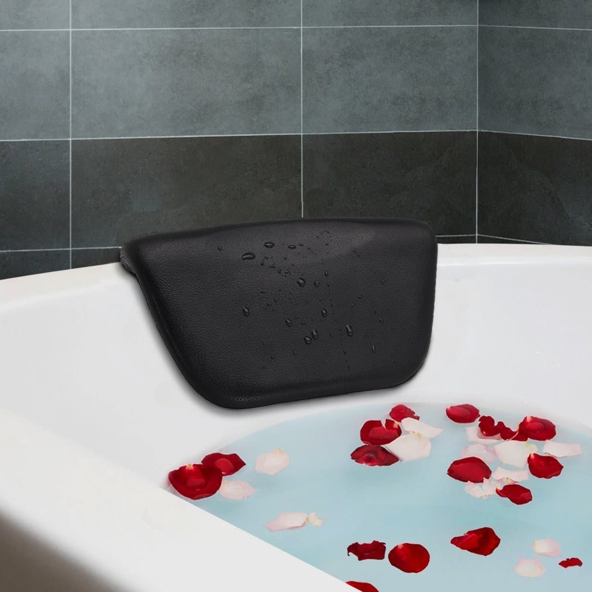 Repose-tête noir de forme rectangulaire, ergonomique et anti-dérapant pour baignoire