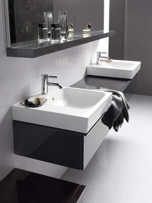 Meuble bas Geberit / Keramag iCon avec deux lavabos Geberit iCon 50 cm avec deux tiroirs et espace de rangement en platine laqué ultra-brillant
