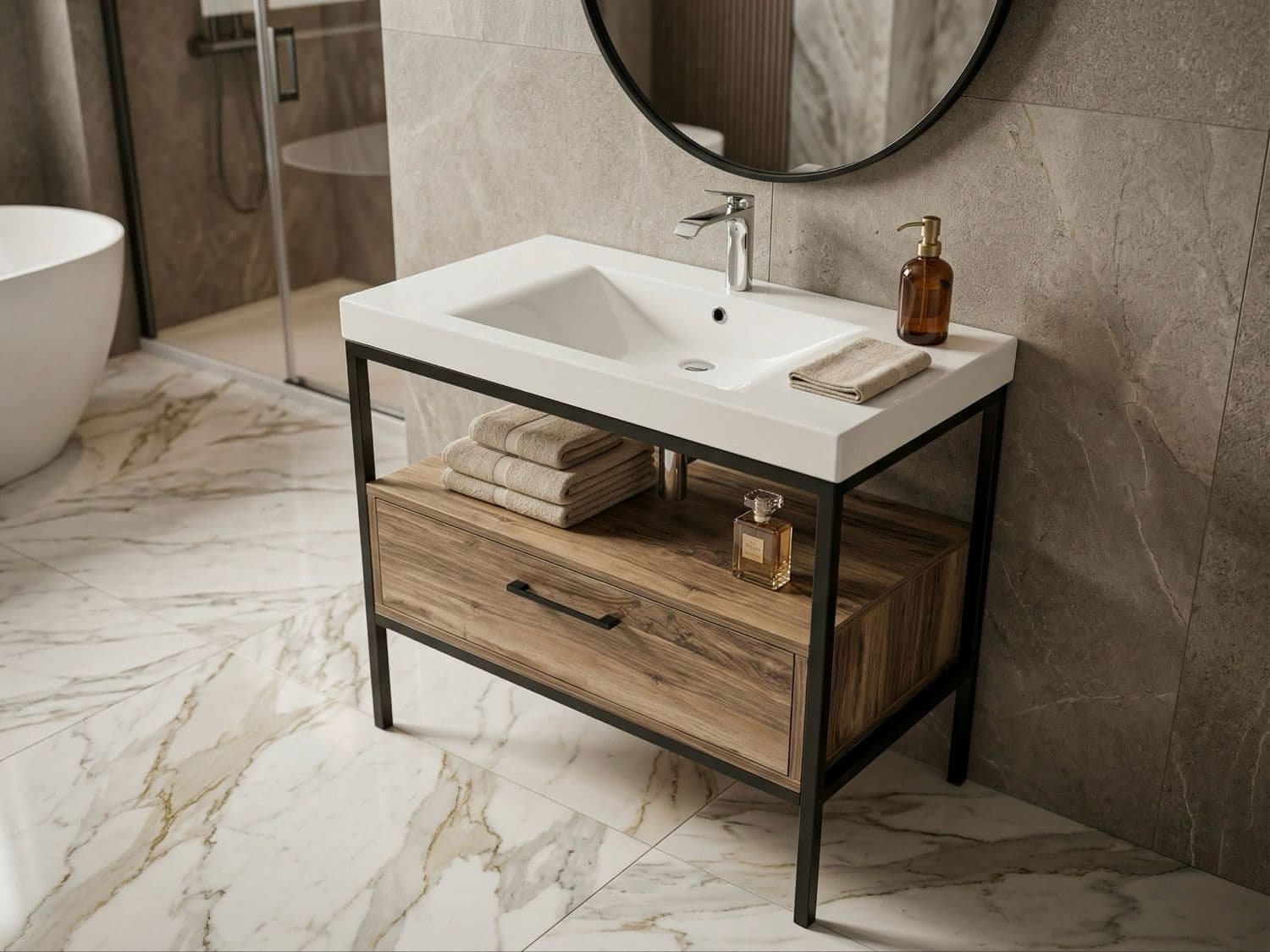 Meuble de salle de bains sur pieds Wave à un tiroir (sans vasque et sans socle)