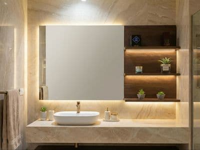 Miroir de salle de bains 120 x 70 cm avec étagères - Bois MDF