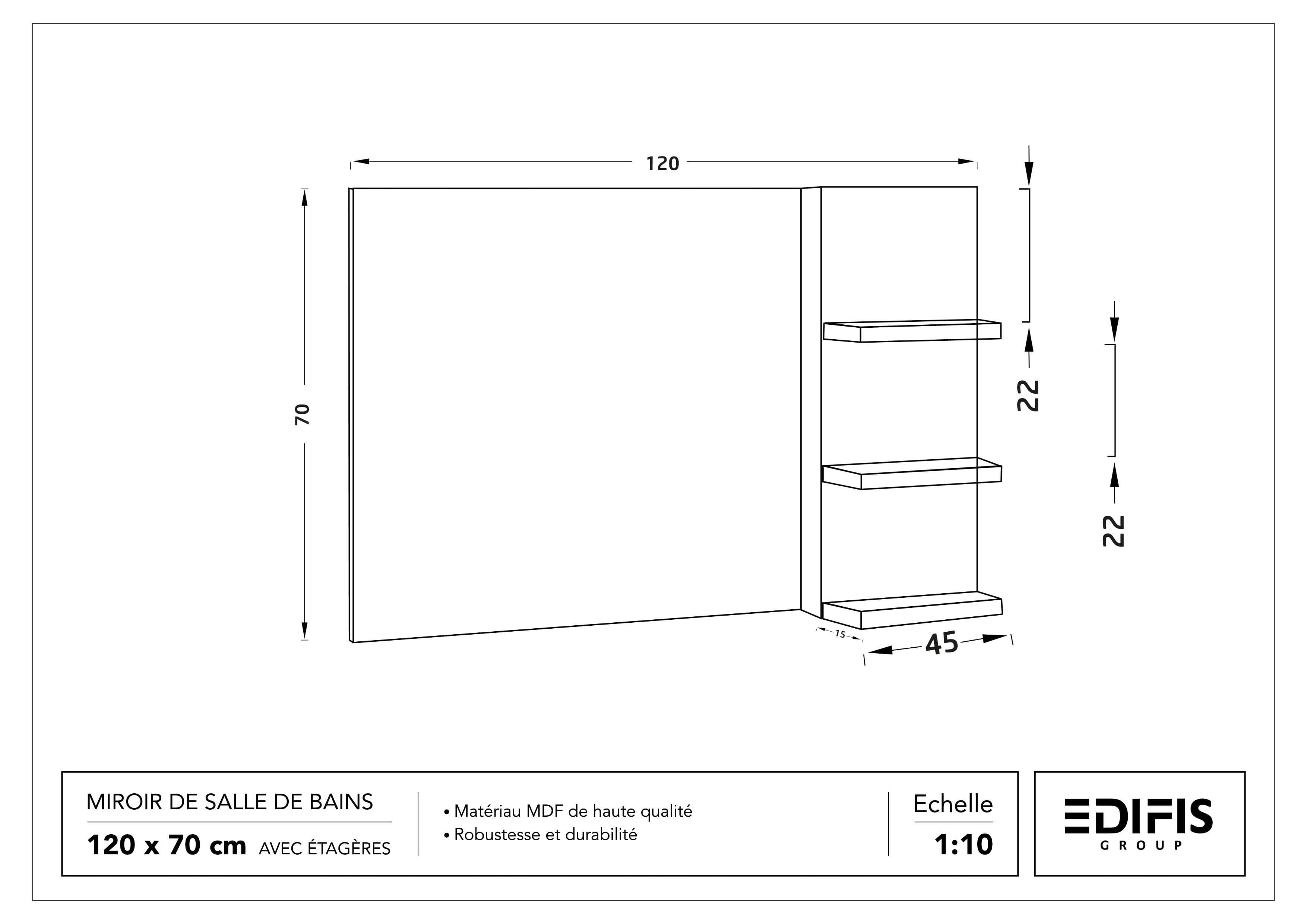 Miroir de salle de bains 120 x 70 cm avec étagères - Bois MDF - vue 4