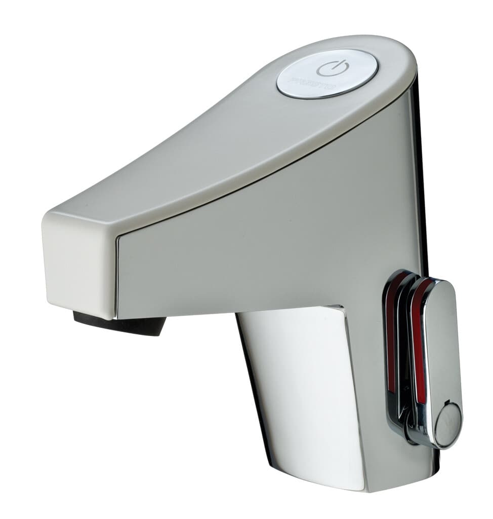 Mitigeur de lavabo sensitif sur plage sur secteur avec robinet d'arrêt Presto Touch® en chromé / blanc