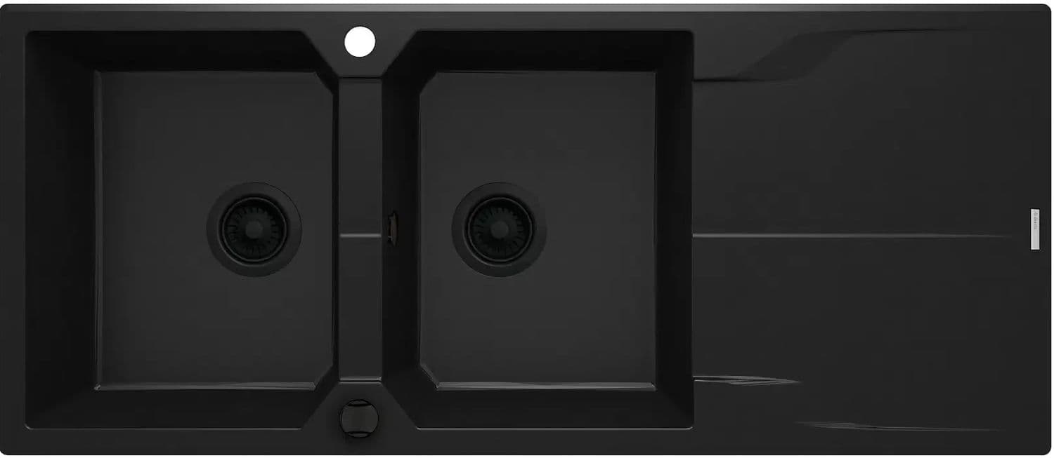 Évier de cuisine encastrable double bac granit Deante Andante 116 x 50 cm en noir avec vidage télescopique gain de place