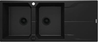 Évier de cuisine encastrable double bac granit Deante Andante 116 x 50 cm en noir avec vidage télescopique gain de place